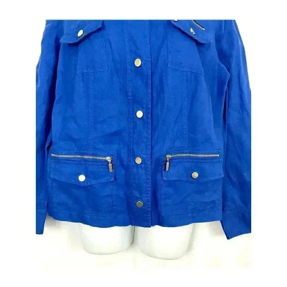Chico’s‎ Cobalt Blue Jacket Shacket Sz 1 100% Linen Women's High Neck - Picture 4 of 16